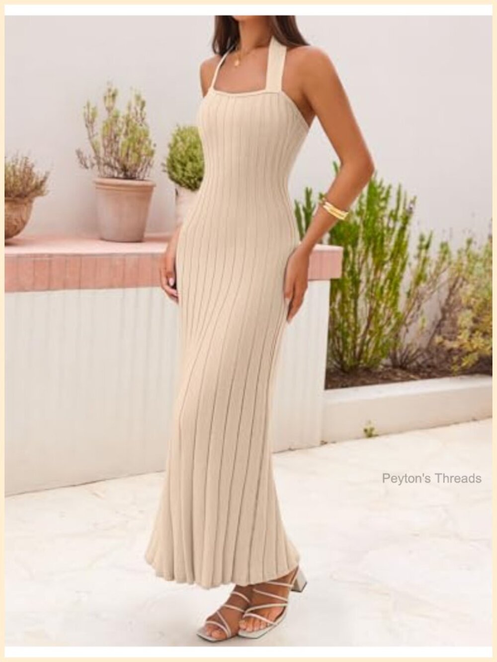 Women Ribbed Knit Halter Bodycon Midi Dress Backless Tie Neck - Picture 2 of 6